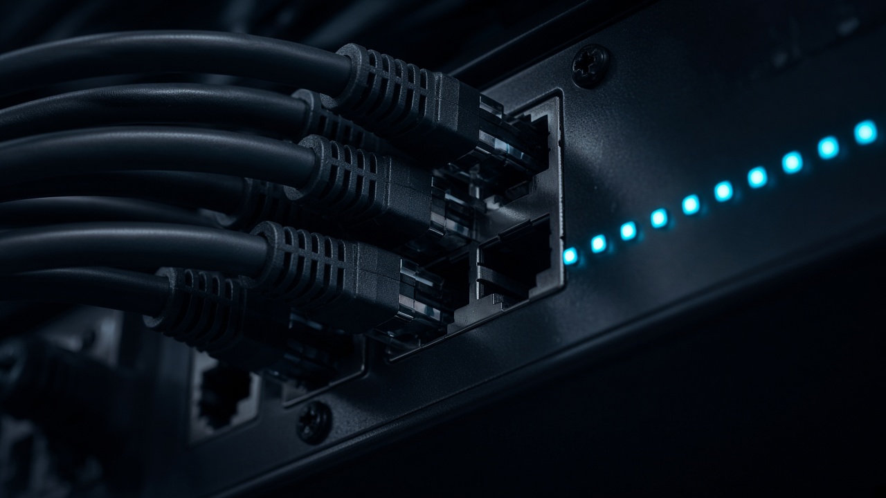 Ethernet cables plugged into a network switch