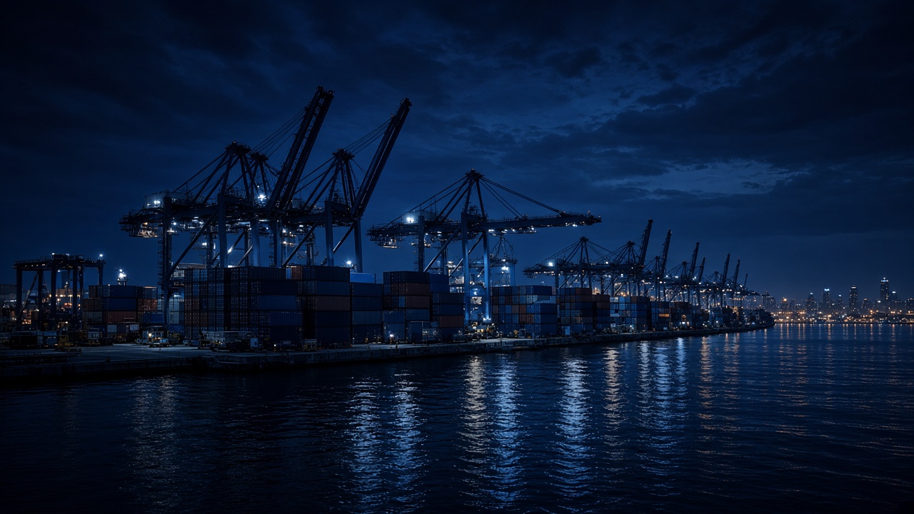 Container port at night with cranes and city lights