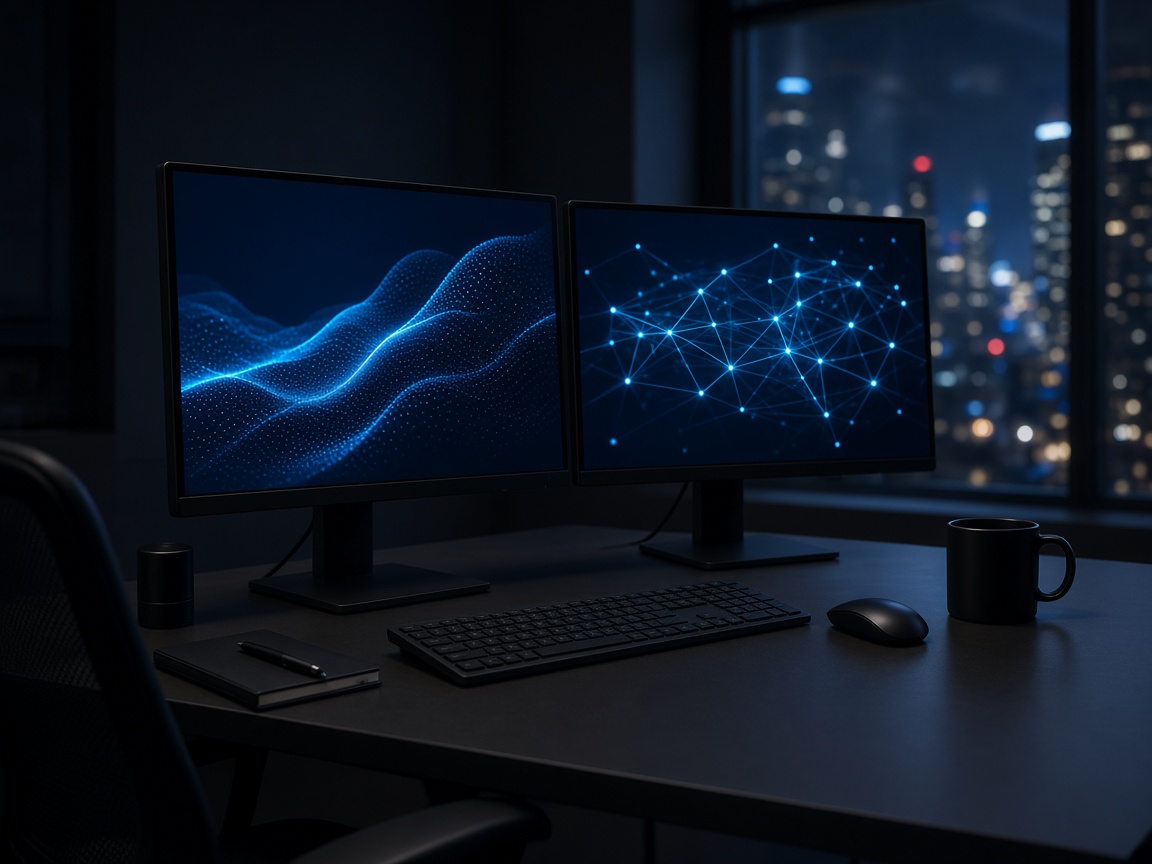 Operations desk with monitors showing abstract charts